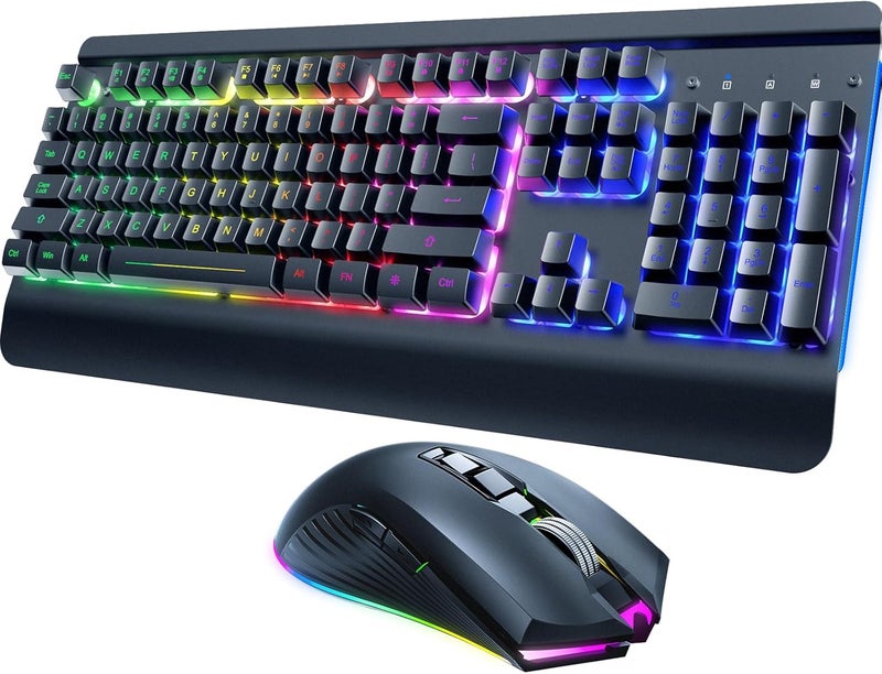 RisoPhy Wireless Gaming Keyboard and Mouse Combo, Metal Panel, 7 Color Backlits, Rechargeable 3200 mAh Battery, Wrist Rest, Sleep Mode, Light Up Keyboard + 7D 3200DPI Gaming Mice for PC Gamer - Image 1